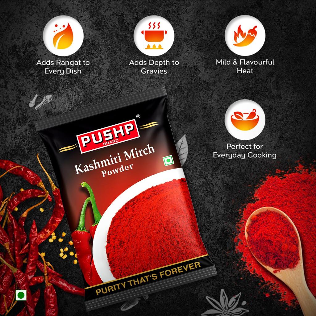 Pushp Merk Kashmiri Rode Chilipoeder Natuurlijke Levendige Specerijenmix Voor Authentieke Indiase Keuken Koken 500g Verpakking Van 1