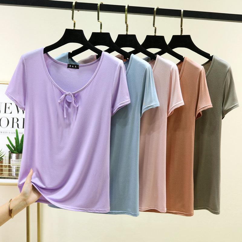 Korean Style Drawstring Modal Short Sleeve Tshirt Cute Slim Fit O Neck T-Shirt Lightweight & Soft Casual Tee Tops for Women Trendy Summer Basic Shirt