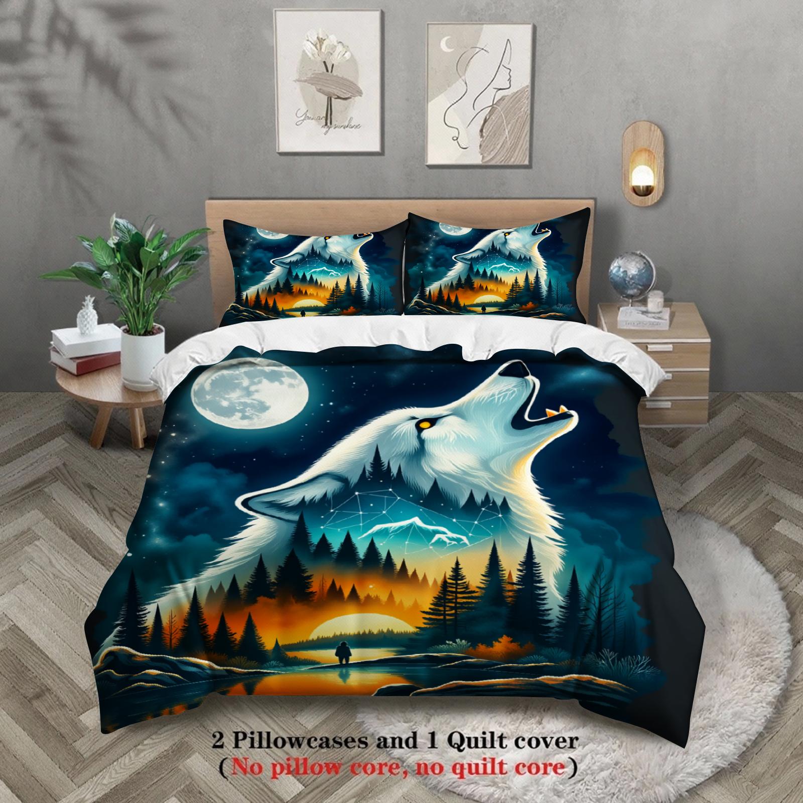 

3pcs Wolf Howling At Moon Bedding Sets 3D Printed Night Forest Scene Duvet Cover Sets With Pillowcases No Filling US Twin(172x218cm)