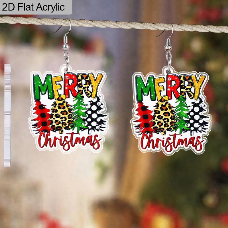 Cercei lungi 2D Plat Pom de Crăciun Vesel, material acrilic ușor, alegere ideală pentru cadouri de petrecere și cadouri bijuterii.
