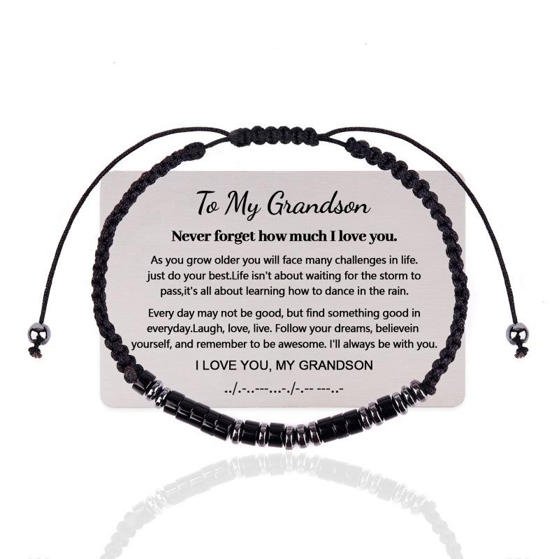 Morse Code Stainless Steel Engraving Steel Brand Bracelet European and American Black Iron Stone Wood Chip Beaded Card Morse Code Bracelet