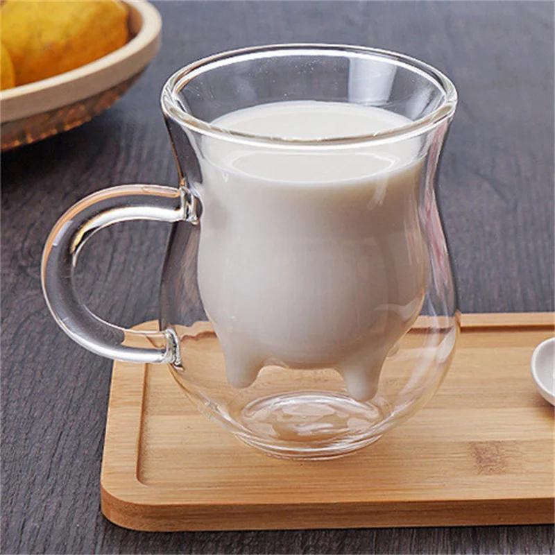 Cute Heat-resistant Double Wall Glass Cow Udder Shape Milk Cup Handle Juice Coffee Mugs Creative Gift