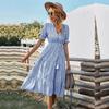 Women Summer Casual V Neck Striped Short Sleeve Button Dress Medium Long With Tassel