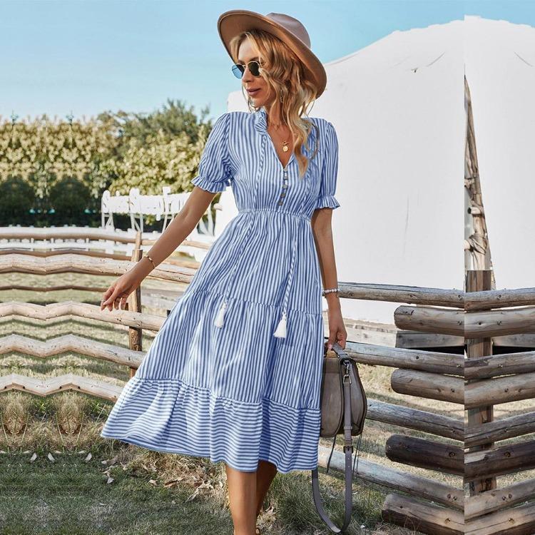 Women Summer Casual V Neck Striped Short Sleeve Button Dress Medium Long With Tassel