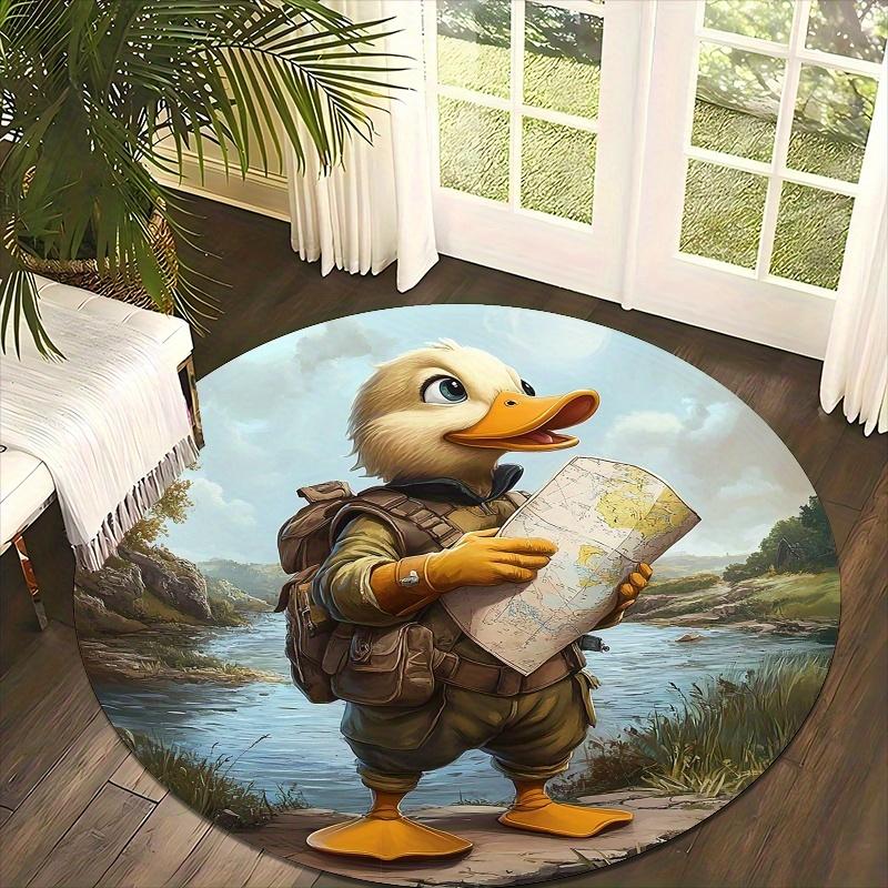 Cute Exploring Duck Flannel-printed round floor mats are slip-resistant Suitable for living room bedroom terrace garden carpets
