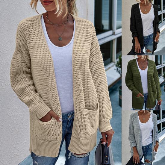 

Women Casual Long Sleeve Waffle Knit Open Front Cardigan Coat Pockets Sweater