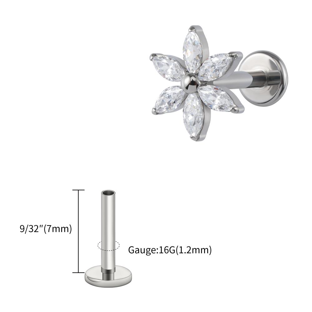 Right Grand ASTM F136 Titanium 16G Marquise Flower CZ Labret Stud Helix Conch Cartilage Tragus Flat Back Piercing Body Jewelry