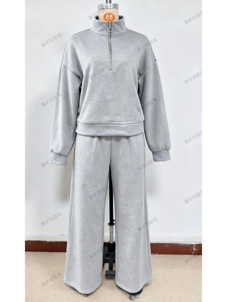2025 Women's Casual Half-Zip Hoodie and Long Pants Set - European & American Autumn/Winter Style.