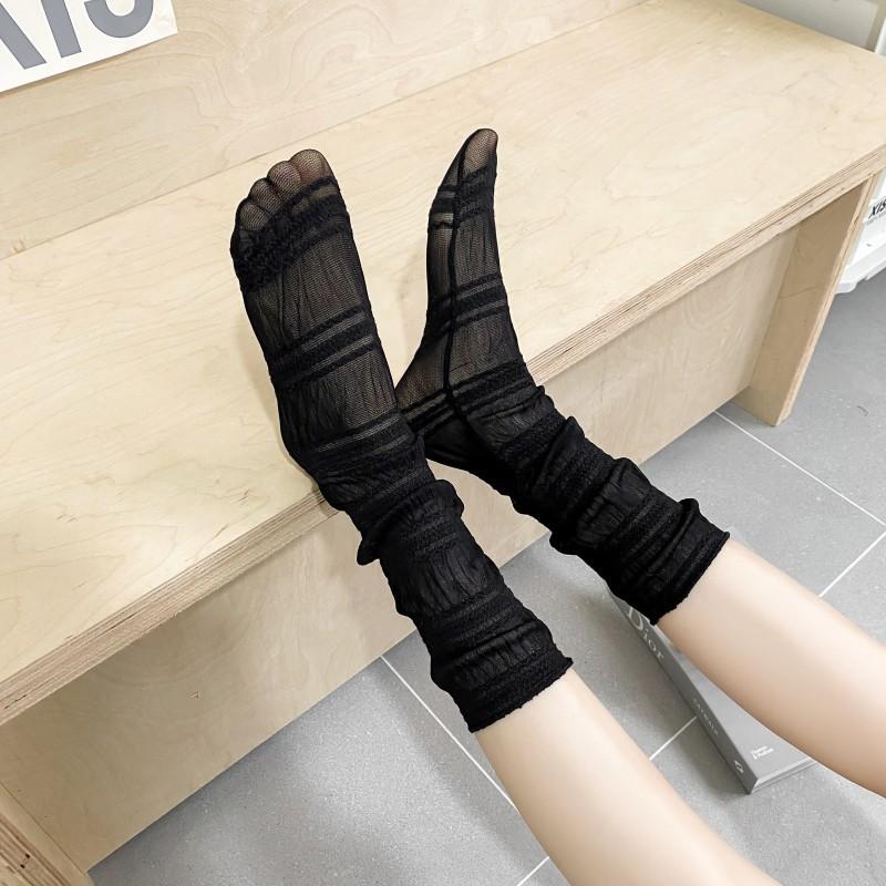Spring And Summer Lantern Bubble Cloth Mesh Stacking Socks Women'S Casual Thin Stockings Striped Medium Tube Mary Jane Women'S Socks Tide