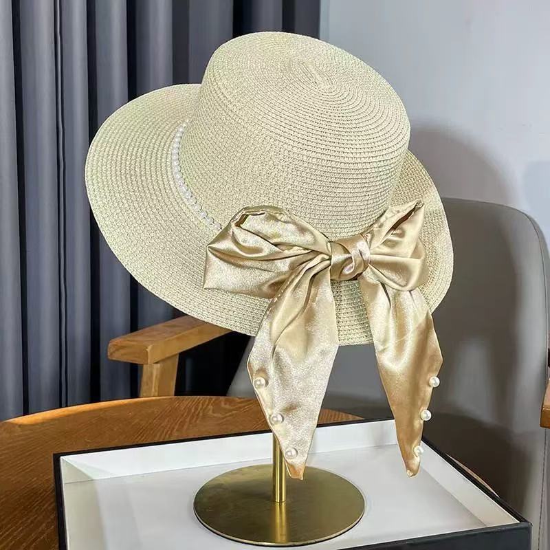 Meimeier Women's new summer retro french pearl straw hat - perfect for beach trips, flat top socialite style