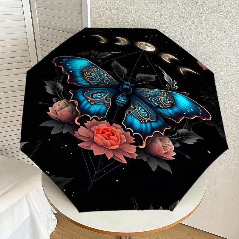 1pc Butterfly Moon phases Automatic Open/Close Umbrella with Windproof, 8-Rib Sturdy Canopy, Durable Ribs, Fashionable Design1138A