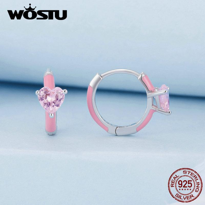 BAMOER Real 925 Sterling Silver Pink Heart Zircon Hoop Earrings Lovely Cindy Color Oil Printed Ear Clips Earring Girl Party Gift