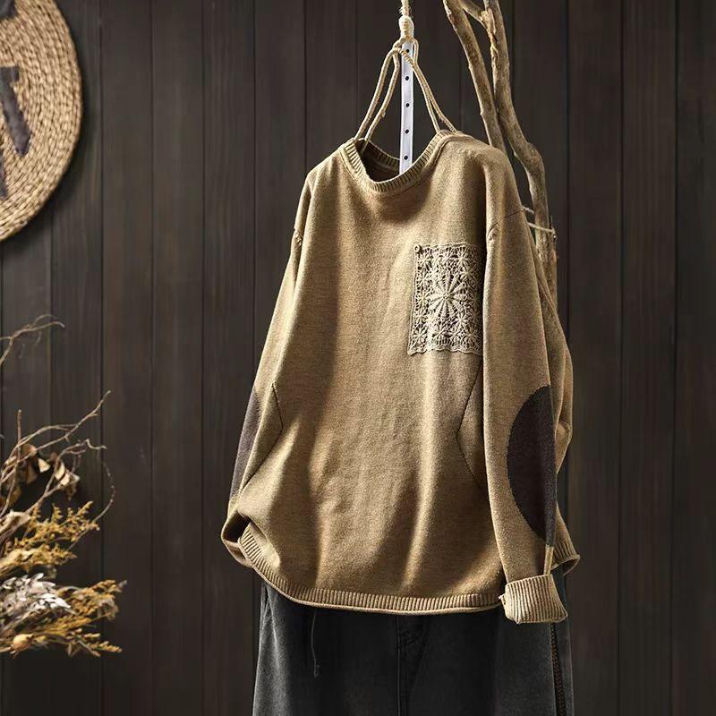 Johnature Niche кружевные нашивки O-образный вырез свободный повседневный свитер женский зимний модный китайский стиль длинный рукав свитер One Size 3130₽