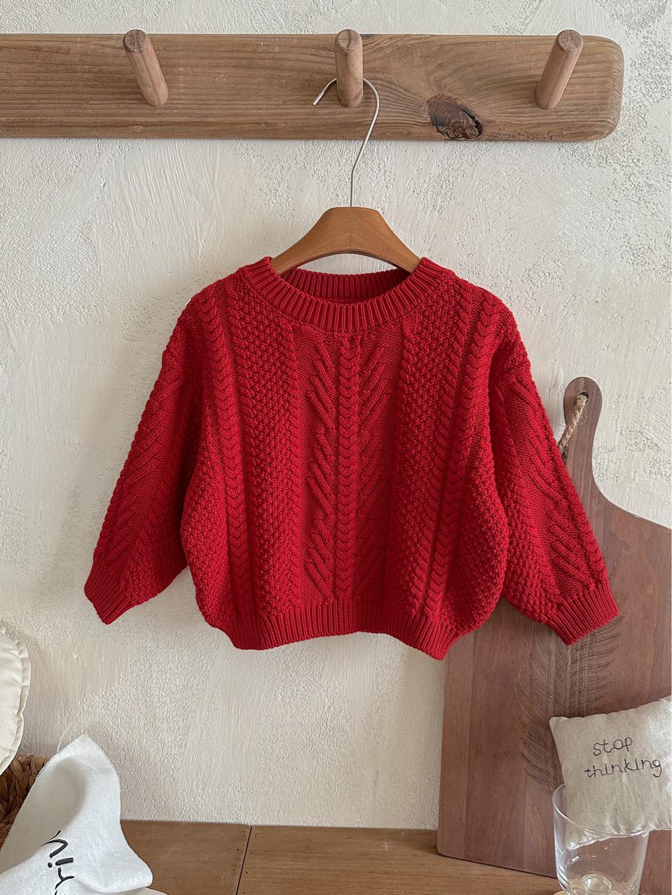 

Дитячий червоний ретро светр кабельної в язки - Вільний пуловер з круглим вирізом для хлопчиків і дівчаток на осінь/зиму, Різдво та Новий рік 120cm червоний