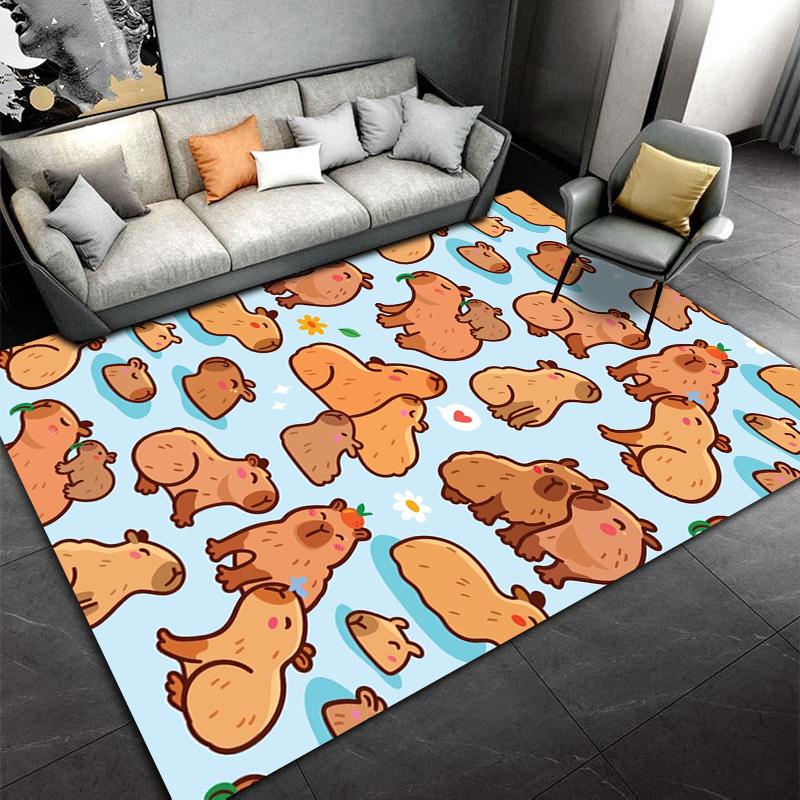 Cute Cartoon Capybara Pattern Carpet for Living Room, Blue Background Suitable for use as an anti-slip for living room bedroom sofas