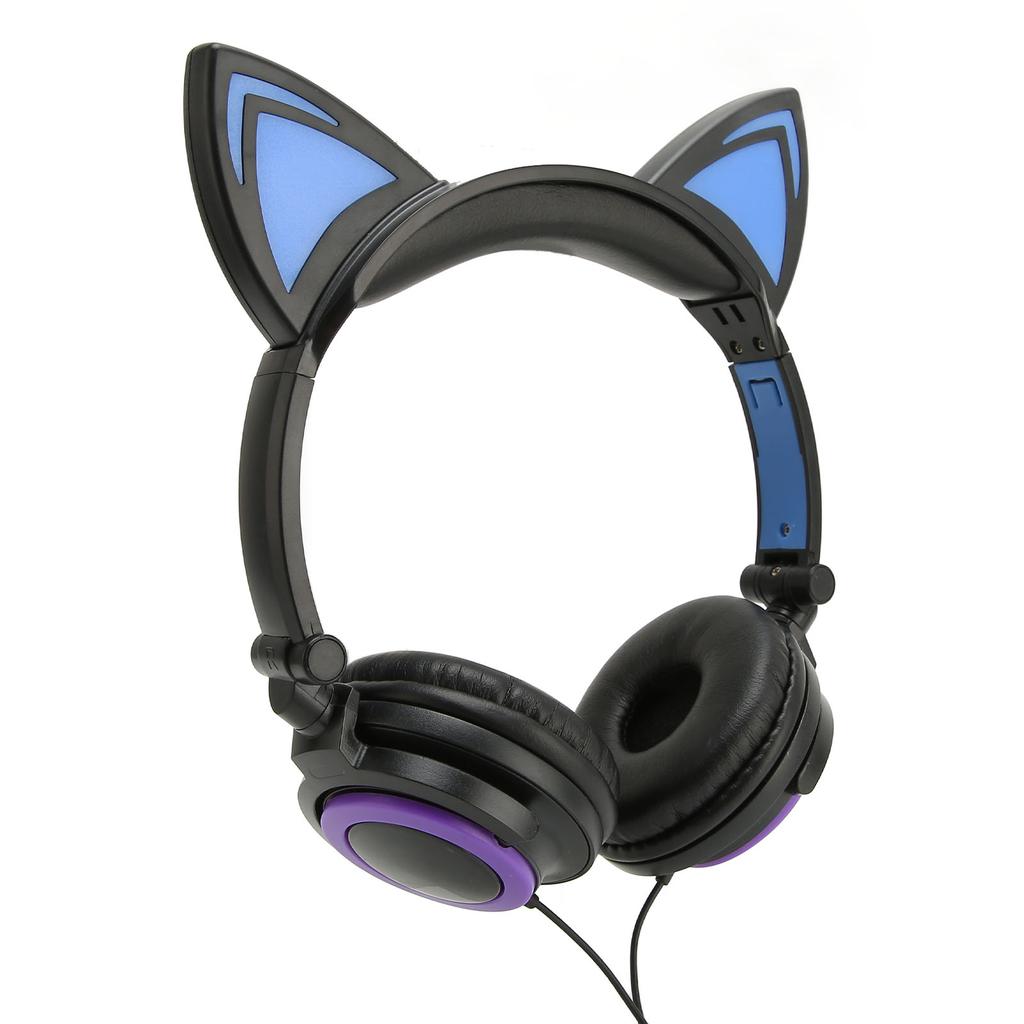 Cat Ear Wired Headphone Noise Reduction Cute Kids Cartoon Headset with LED Light for Tablets