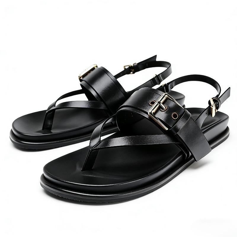 Fashion Metal Buckle Decoration Flat Sandals Women Sexy Clip Toe Back Strap Gladiator Sandals Summer Vacation Beach Flip Flops