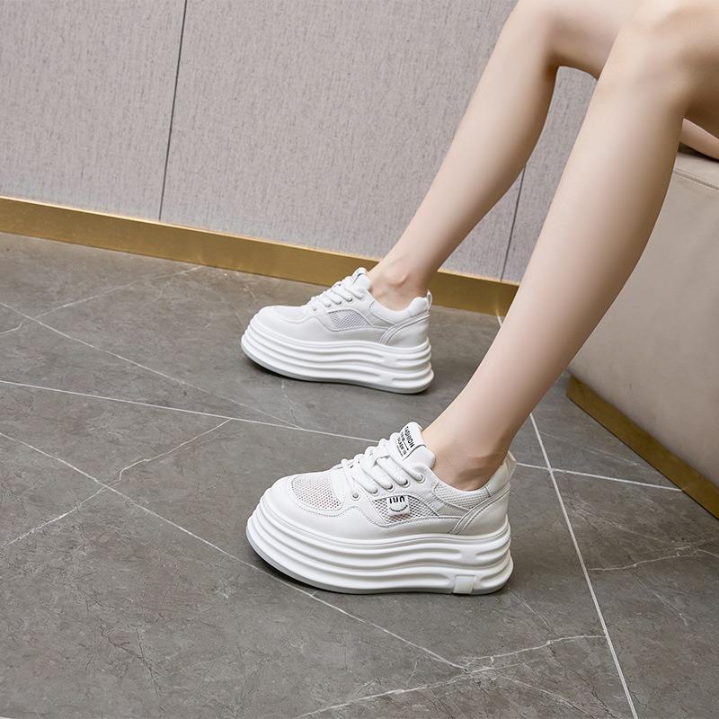 New thick-soled leather little white shoes women's mesh single shoes sports shoes women's inner height-increasing casual board shoes
