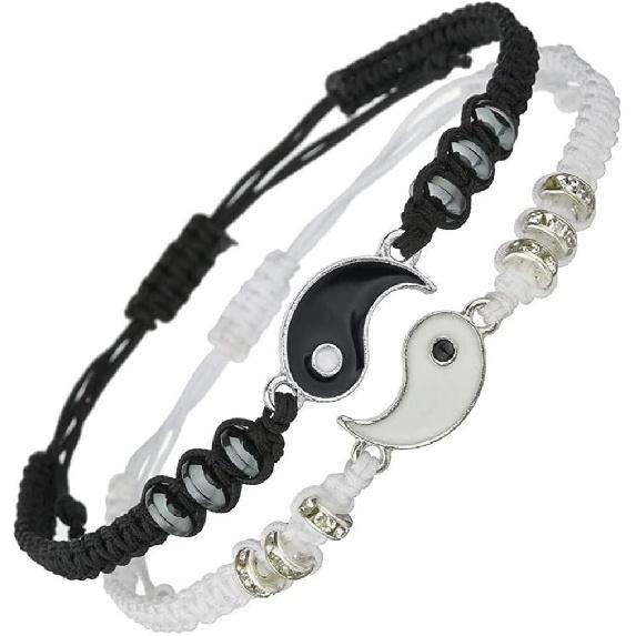 Caiyao Best Friend Bracelets for 2 Matching Yin Yang Adjustable Cord Bracelet for Bff Friendship Relationship Boyfriend Girlfriend Valentines
