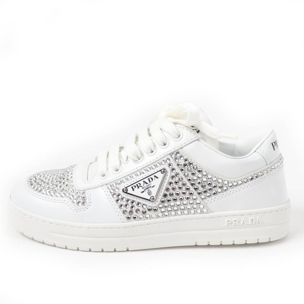 Excellent PRADA Sneakers Triangle Logo with Crystal White Leather Women 35.5  Used