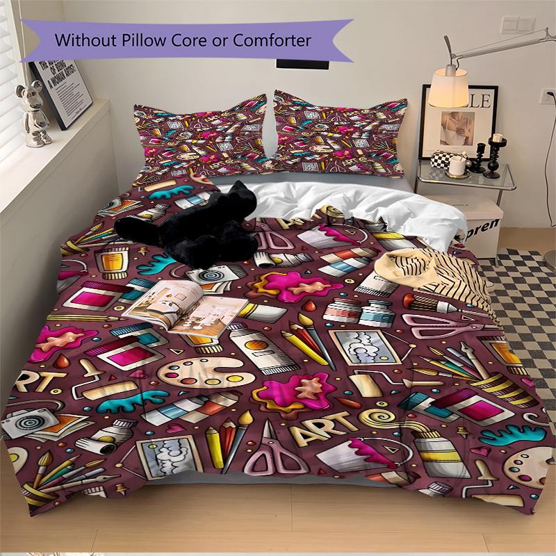 3pcs Anime Cartoon Art Supplies Doodle Bedding Set - Includes One Quilt Cover and Two Pillowcases (No Core) - Polyester Fabric - Home Decor - Holiday