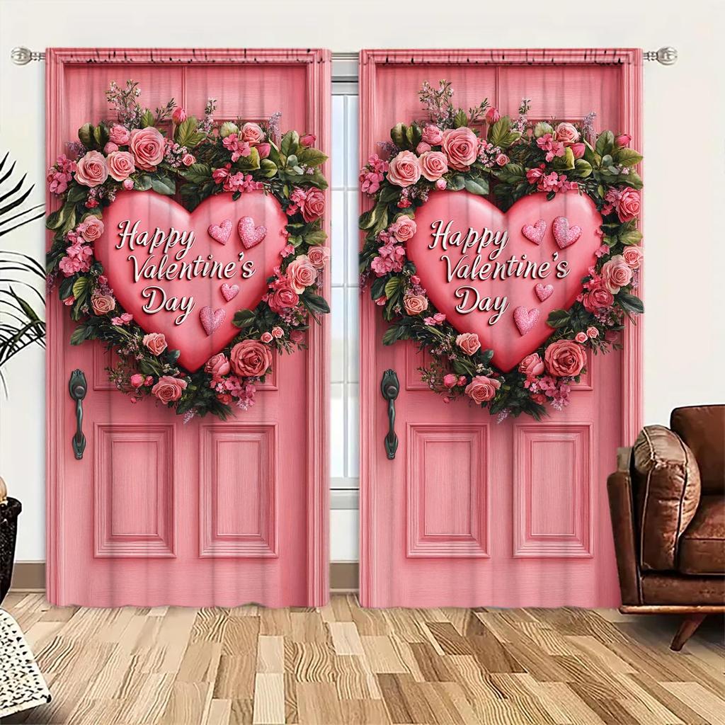 Romantic Valentine Day Pink Rose Love Door Decoration Polyester Fiber Pole Mouth Printed Curtains Curtain Set Of 2 Made Washable