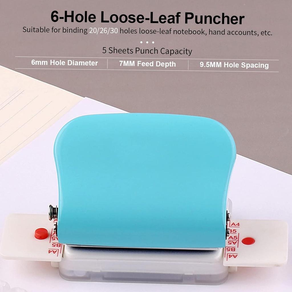 6 Hole Puncher, Leepesx Loose Leaf Paper Puncher for A4 A5 B5 Notebook Scrapbook, Handheld Metal Circle Paper Puncher with 5 Sheet Punch Capacity