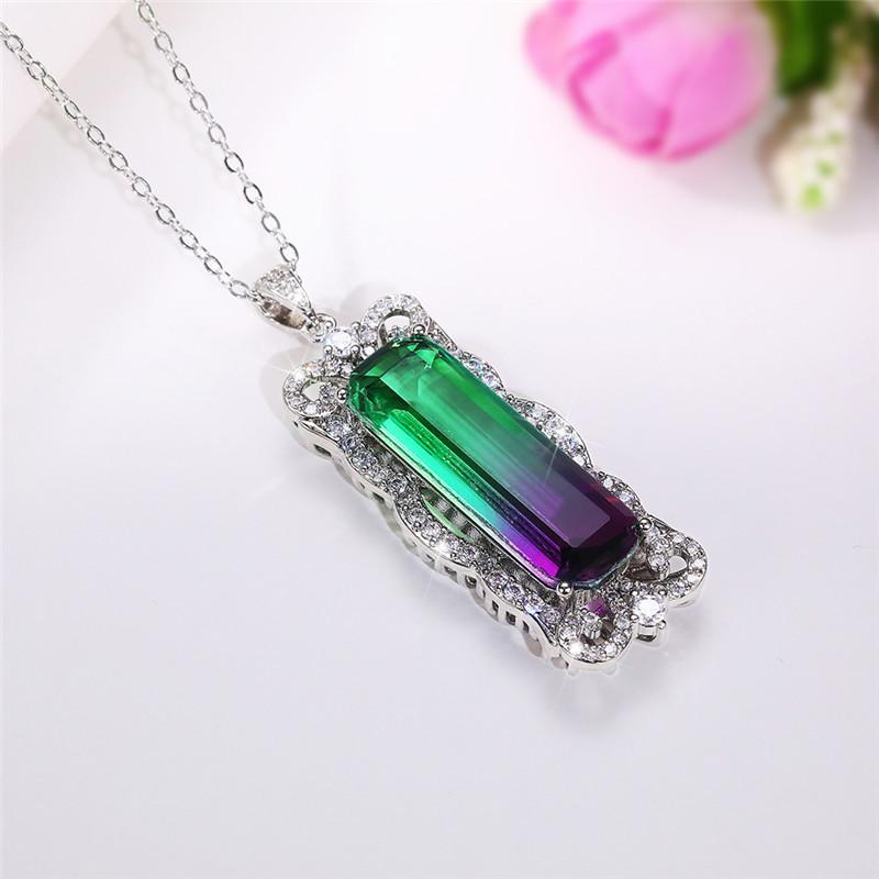Silver Plated Baguette Cut Gradient CZ Pendant Necklace, Ornate Scrollwork Frame Cable Chain Necklace for Women
