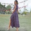 Women's Bohemian Floral Print V-Neck Tie Waist Maxi Dress Rayon Beach Vacation Flowy A-Line