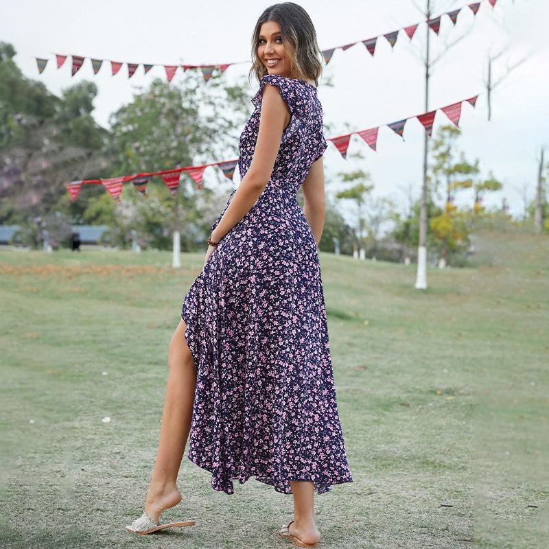 Women's Bohemian Floral Print V-Neck Tie Waist Maxi Dress Rayon Beach Vacation Flowy A-Line