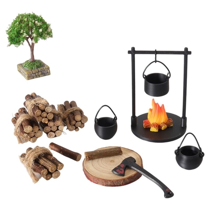 

Miniature Outdoor Campfire Set with Iron Pot Firewood Bundle and Tree for 1/12 Scale Model Scene Display Accessories 1