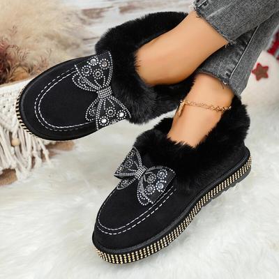 Sweet Bowknot Furry Snow Boots Women 2025 Luxury Glitter Faux Fur Ankle Boots Woman Short Plush Brand Designer Shoes Winter