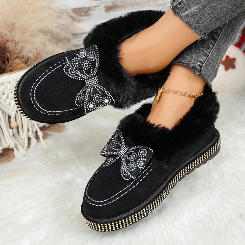 Fashion Sweet Bowknot Furry Snow Boots Women 2025 Luxury Glitter Faux Fur Ankle Boots Woman Short Plush Brand Designer Shoes Winter
