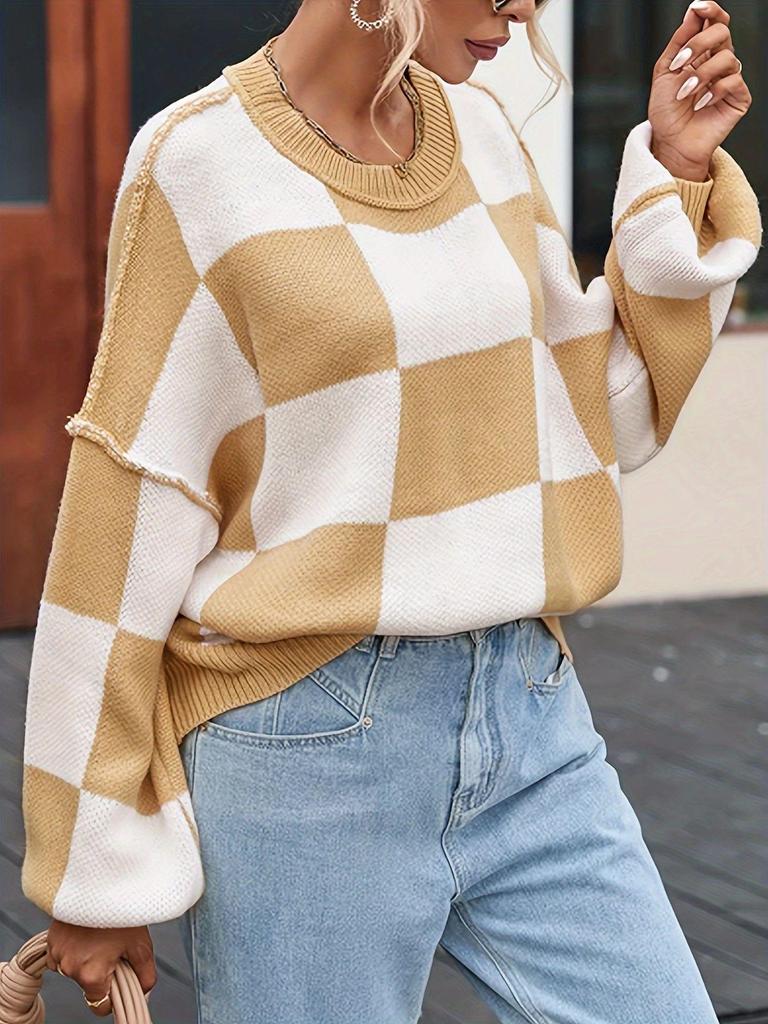 2024 New Autumn/Winter Plaid Round Neck Sweater for Europe & America