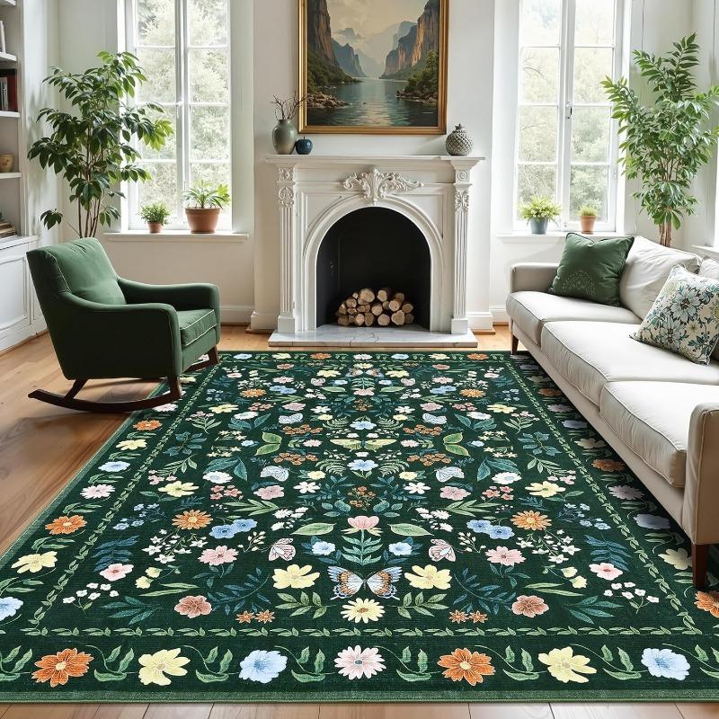 Aesthetic Flowers Carpet for Living Room Machine Washable Sofa Coffee Table Non Slip Floor Mat Home Bedroom Bedside Soft Rug