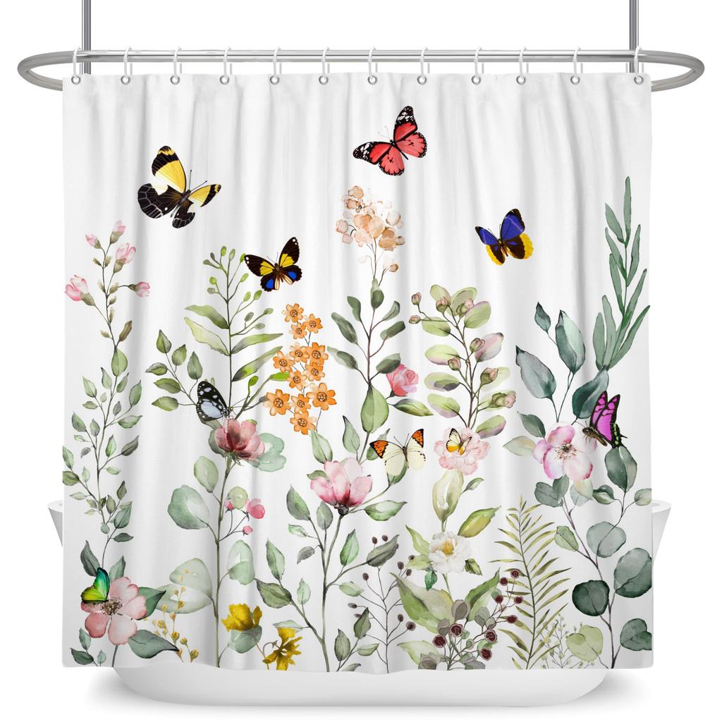 Fresh Natural Style Bathroom Shower Curtains Butterfly Flowers Green Leaves Home Bathroom Decor Waterproof Curtain With Hooks