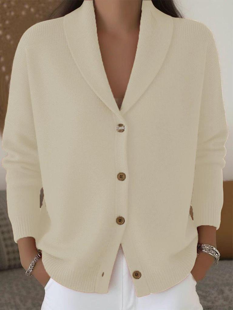 2026 European & American Autumn/Winter Women's Knit Cardigan - Loose, Lazy Style, Lapel, Buttoned, Plain Long Sleeve Sweater
