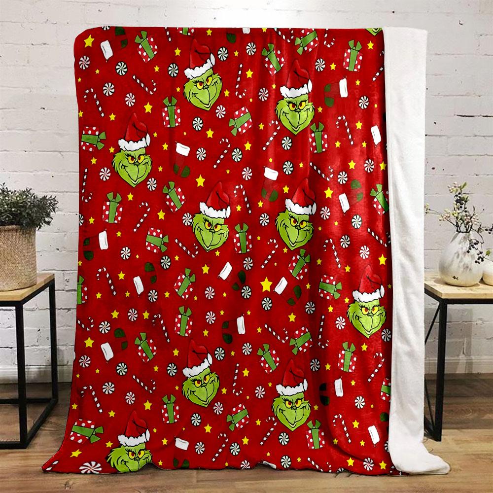 Grinch Christmas Pattern Blanket Patterned flannel blanket perfect for the bedroom living room, sofa, or a little nap