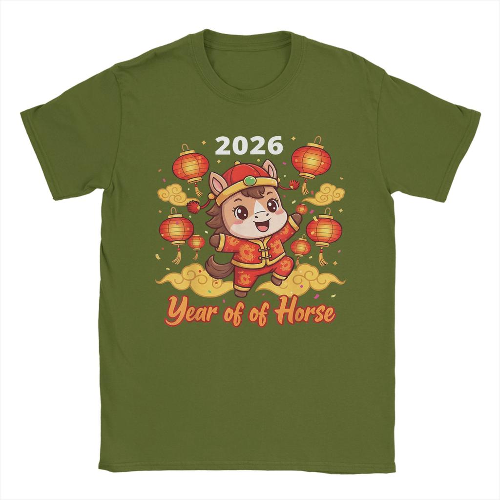 Casual TShirt Beach New Year 2026 Horse Happy Chinese New Year 2026 Hippie T Shirts  Cotton Tee Shirt for Men Y2K Clothing