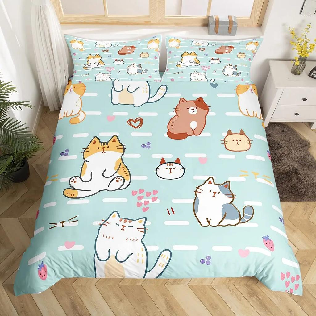 Kawaii Cat Duvet Cover Set for GirlsCute Cartoon Animal Kitten Bedding Set Lovely Romantic Theme Soft Comforter Cover Full Size
