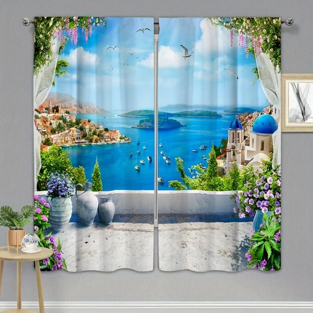 2 Panels Seaside Tropical Scenery Curtains Rod Pocket Curtain Suitable For Villa Resorts Farmhouse Living Room Bedroom Offices