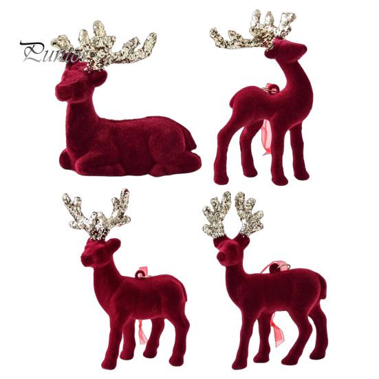 Indoor Christmas Party Supplies Flocking Elk Statue, Red Plush Reindeer Ornament, Cute Seated Window Hanging Display Standing Deer Sculpture for Wine