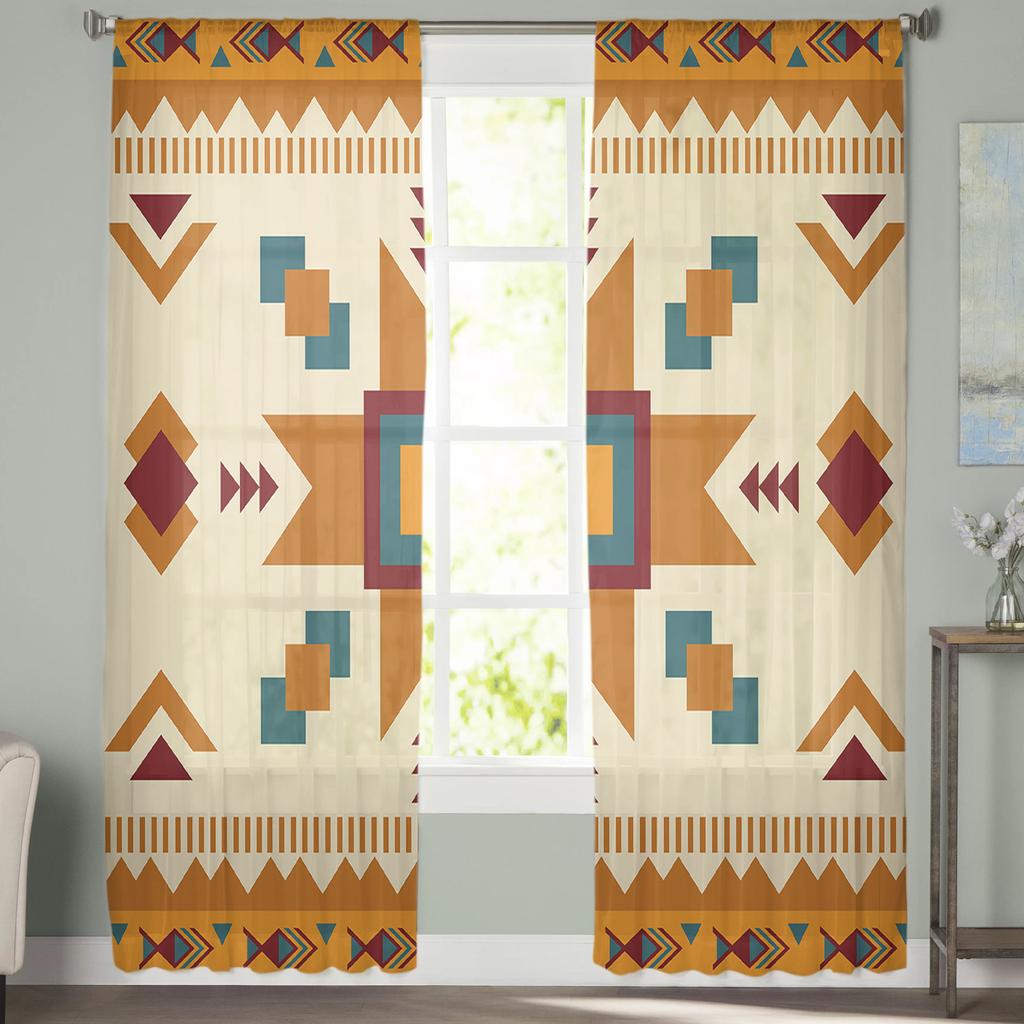 Ethnische geometrische Textur Tüll-Fenstervorhang, durchsichtige Volants, Vorhänge für Wohnzimmer, Heimdekoration, Drape-Panel