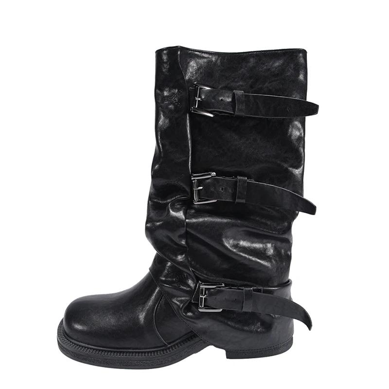 Fashion Women Leather High Boots Chunky Pleated Shoes Woman 2025 Trend Designer Snow Motorcycle Boots Winter New Chelsea Botas Mujer