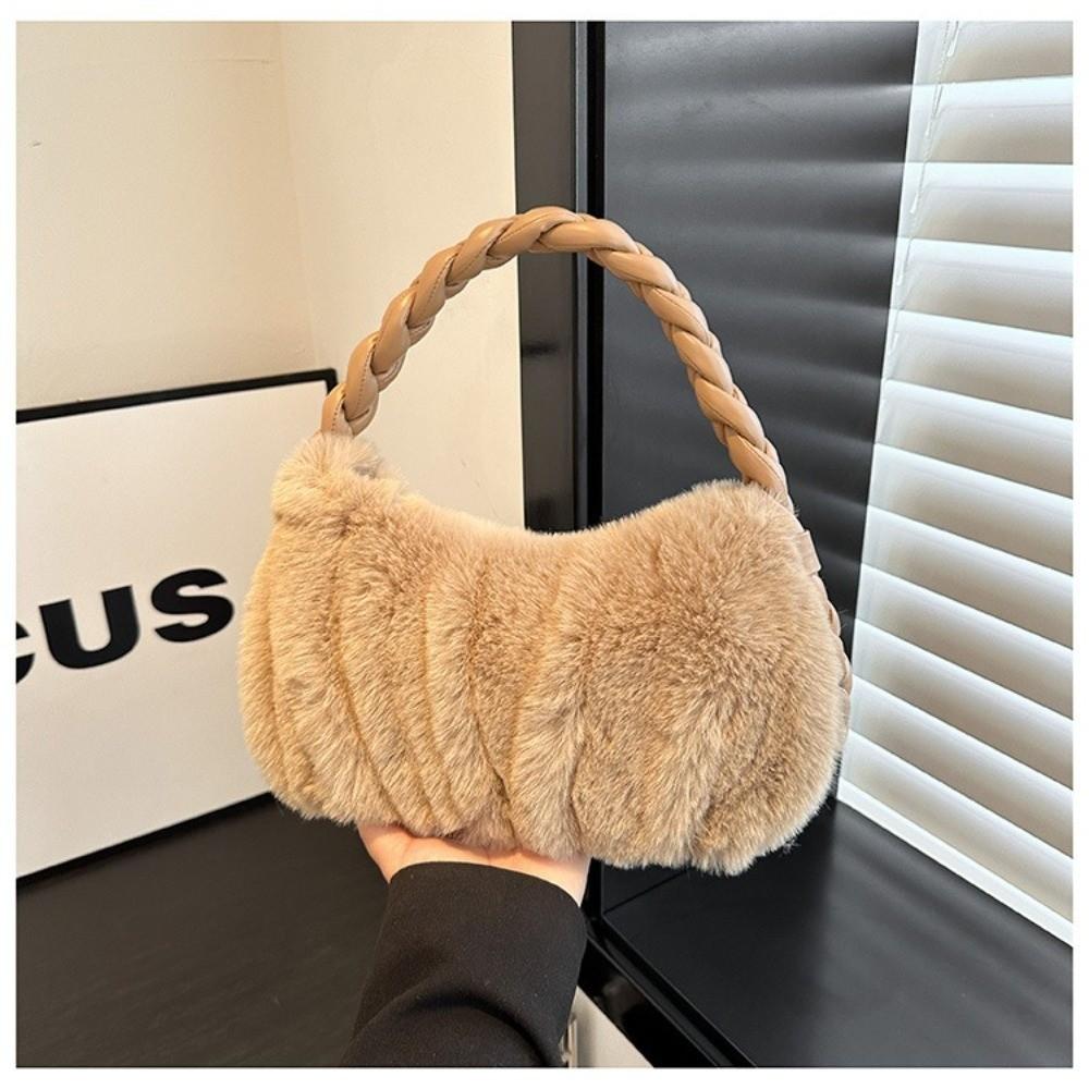 Luxury Furry Shoulder Bag Solid Color Soft Handbag Zipper Fluffy Clutch Bag