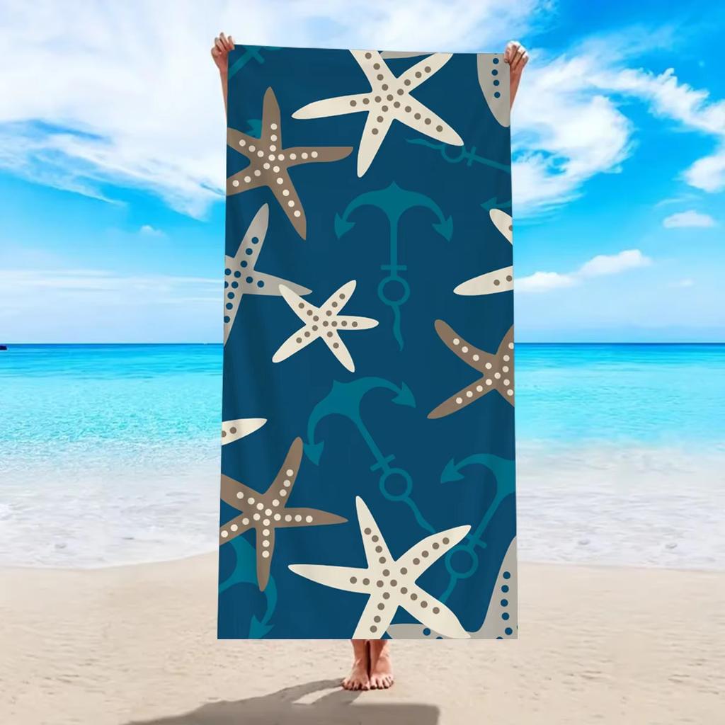 1pc Ocean Element Printed Beach Towel, Starfish Boat Anchor Design for Travel Swimming Pool Yoga Gym Exercise Towel Gift
