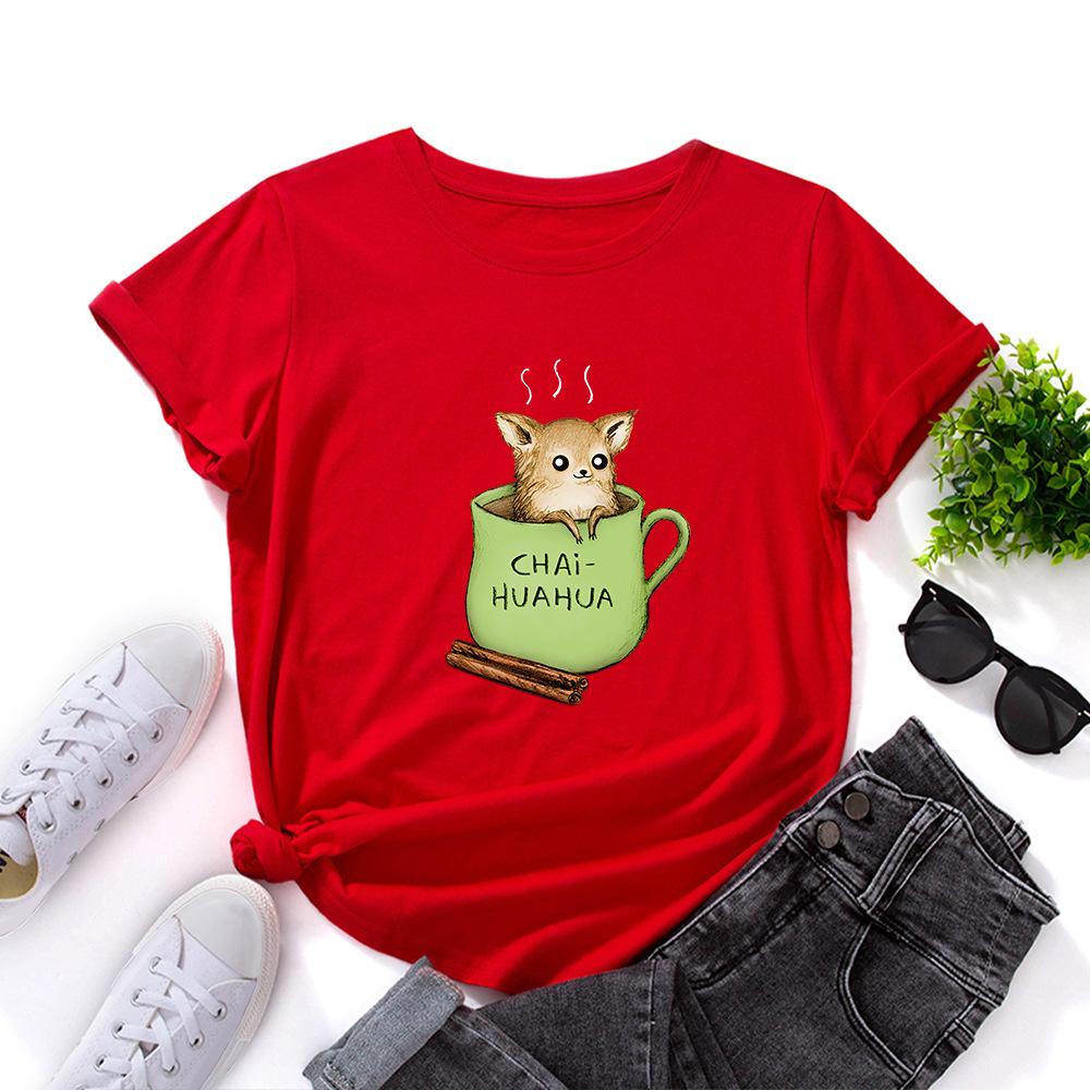Summer Round Neck Cute Dog and Tea Cup Design Printed T-shirtsFashionable Casual Pure Cotton Short Sleeved Women's T-shirts