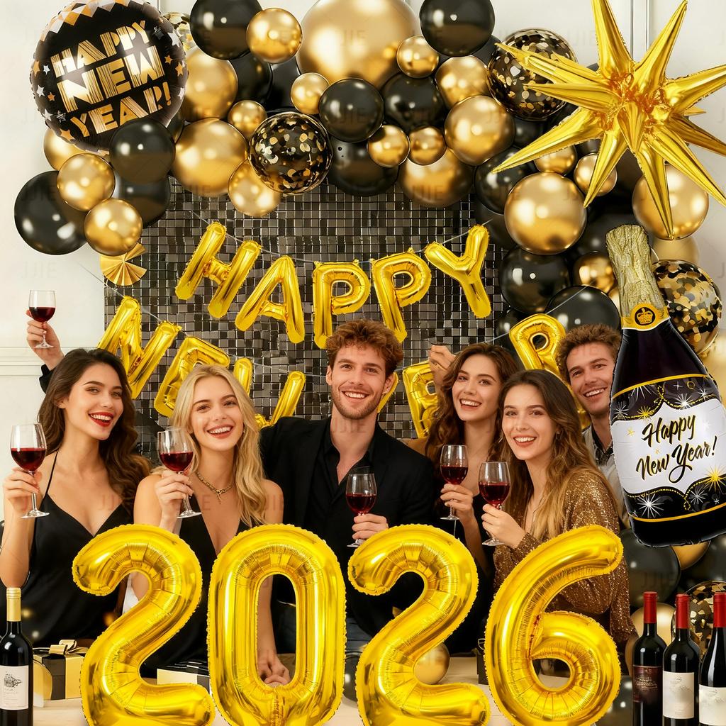 New Year Black And Gold Balloon Set Happy New Year New Year Decoration Party Decoration
