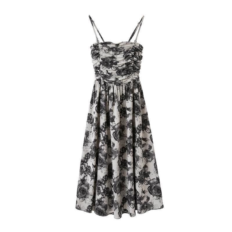 Shoulder Strap Adjustable Ink Floral Tube Top Suspender Dress Women's New Summer Waist Design Long Dress