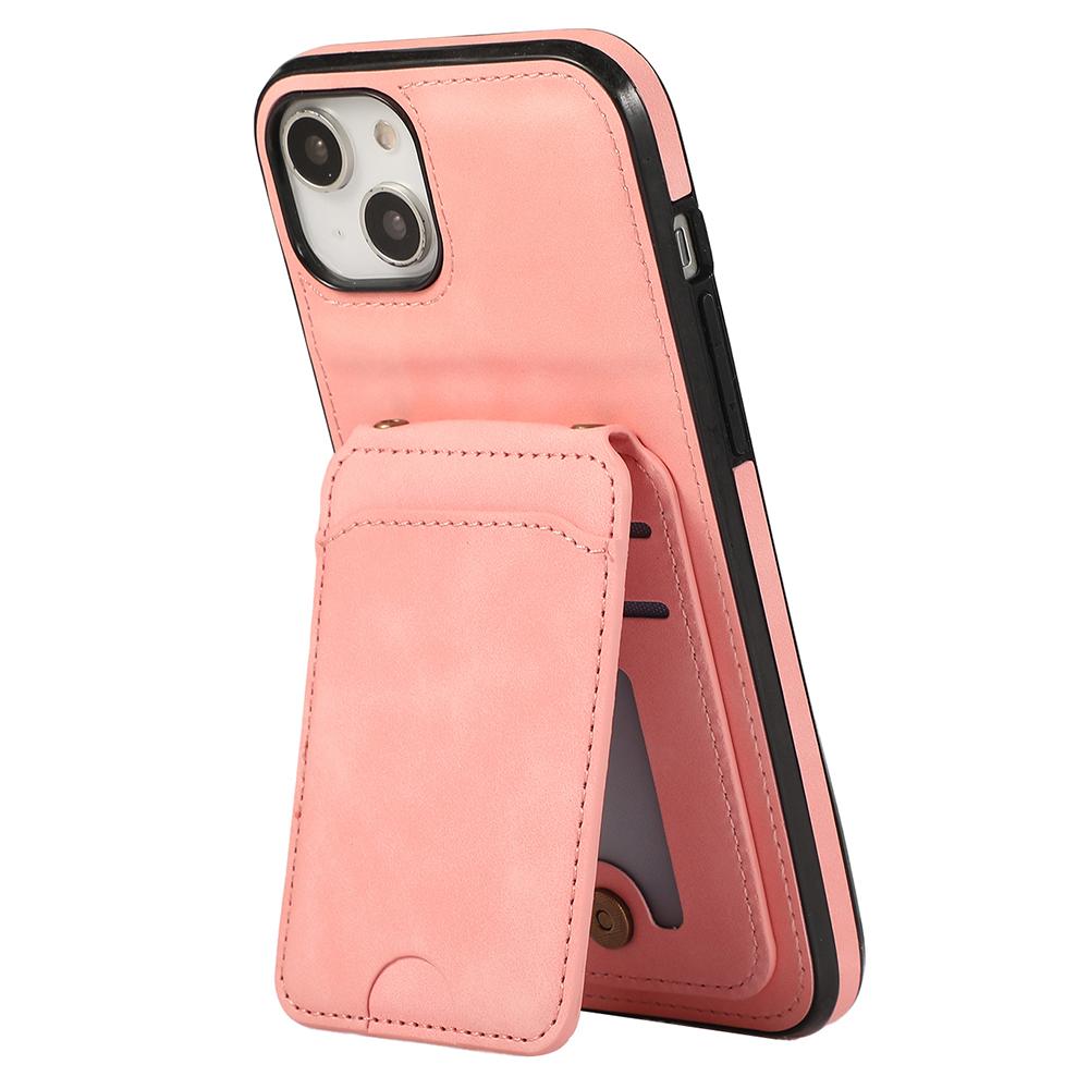 For iPhone 15 Case Card Holder Kickstand Leather+TPU Phone Cover with Shoulder Strap